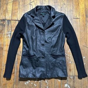 Siena Studio Leather Jacket Womens Medium Black Notch Lapel Button Front Comfort